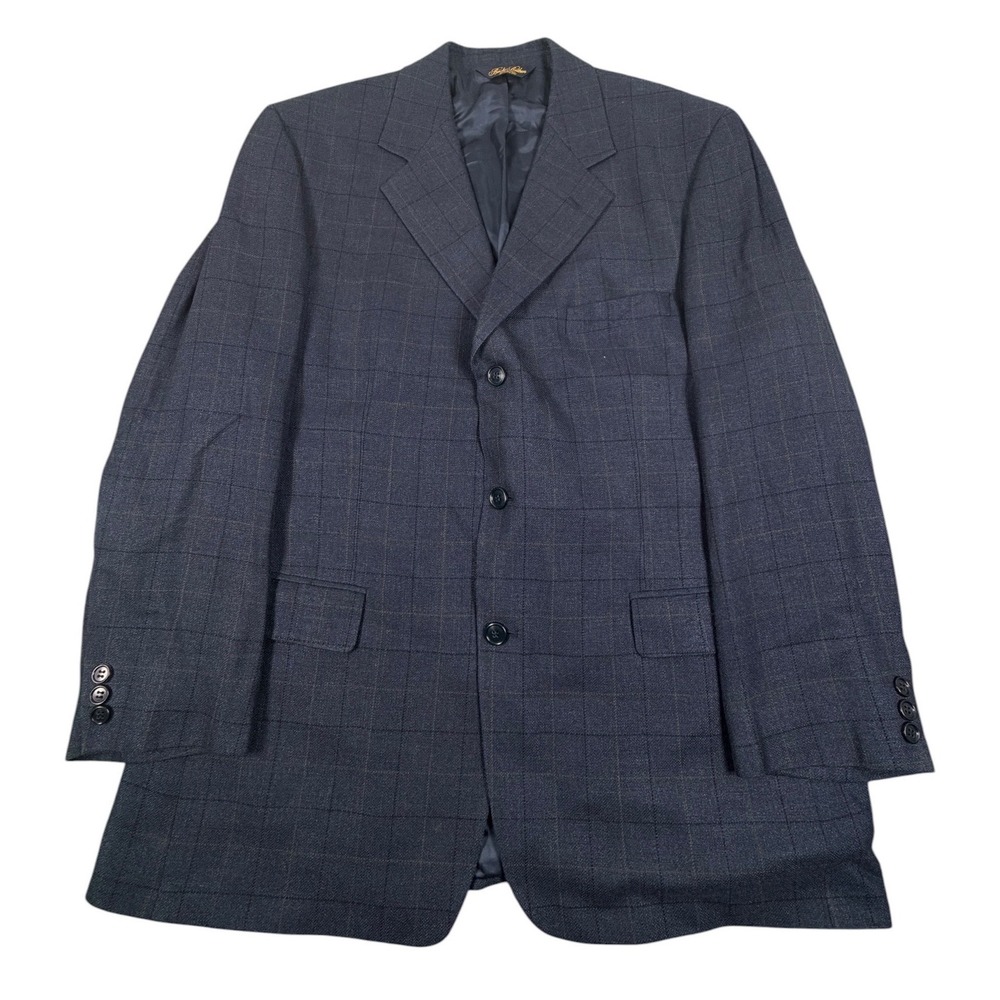 Brooks Brothers Sport Coat Blazer Mens 44R Blue Silk Wool Linen Windowpane Plaid